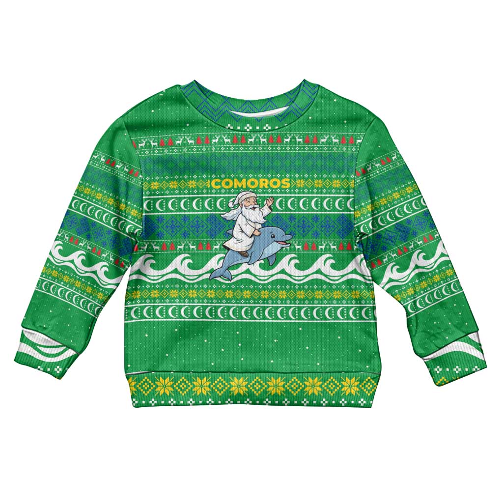 Comoros Christmas Kid Ugly Christmas Sweater with Santa Riding Dolphin Ocean Waves Crescent Moon and Tribal Pattern - Wonder Print Shop
