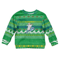 Comoros Christmas Kid Ugly Christmas Sweater with Santa Riding Dolphin Ocean Waves Crescent Moon and Tribal Pattern - Wonder Print Shop