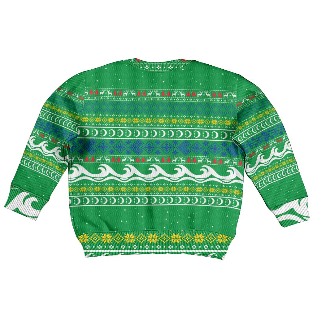 Comoros Christmas Kid Ugly Christmas Sweater with Santa Riding Dolphin Ocean Waves Crescent Moon and Tribal Pattern - Wonder Print Shop