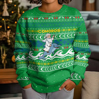 Comoros Christmas Kid Ugly Christmas Sweater with Santa Riding Dolphin Ocean Waves Crescent Moon and Tribal Pattern - Wonder Print Shop