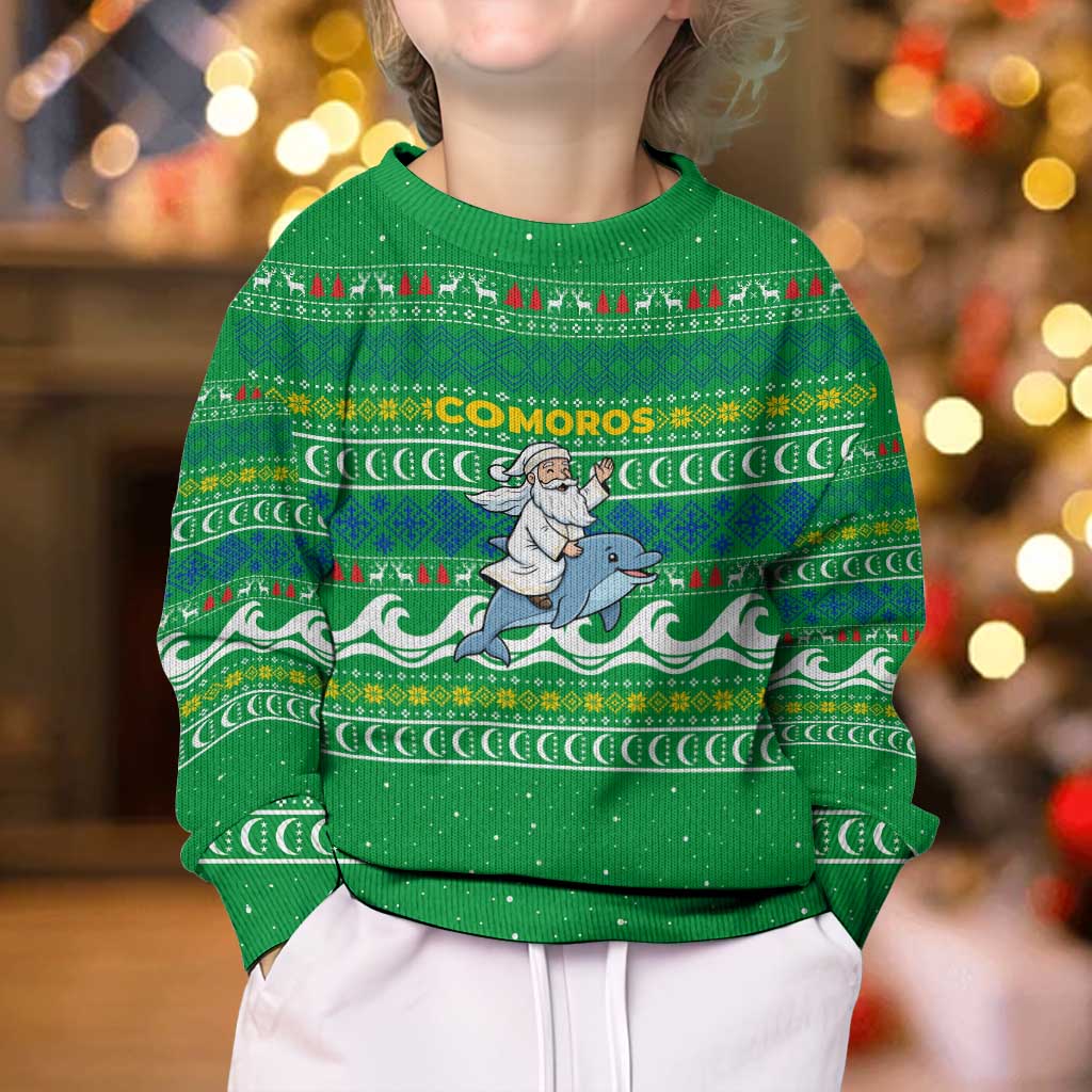 Comoros Christmas Kid Ugly Christmas Sweater with Santa Riding Dolphin Ocean Waves Crescent Moon and Tribal Pattern - Wonder Print Shop