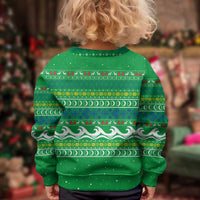 Comoros Christmas Kid Ugly Christmas Sweater with Santa Riding Dolphin Ocean Waves Crescent Moon and Tribal Pattern - Wonder Print Shop