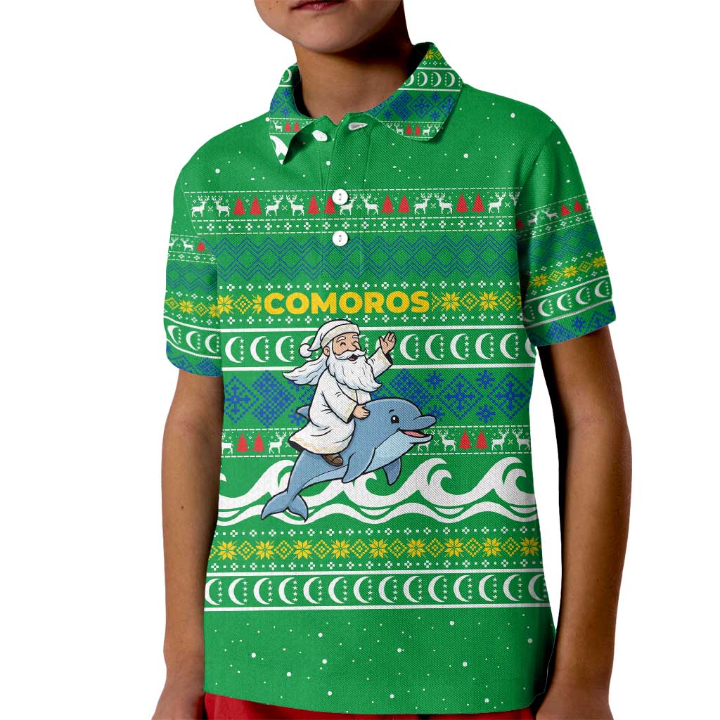 Comoros Christmas Kid Polo Shirt with Santa Riding Dolphin Ocean Waves Crescent Moon and Tribal Pattern - Wonder Print Shop
