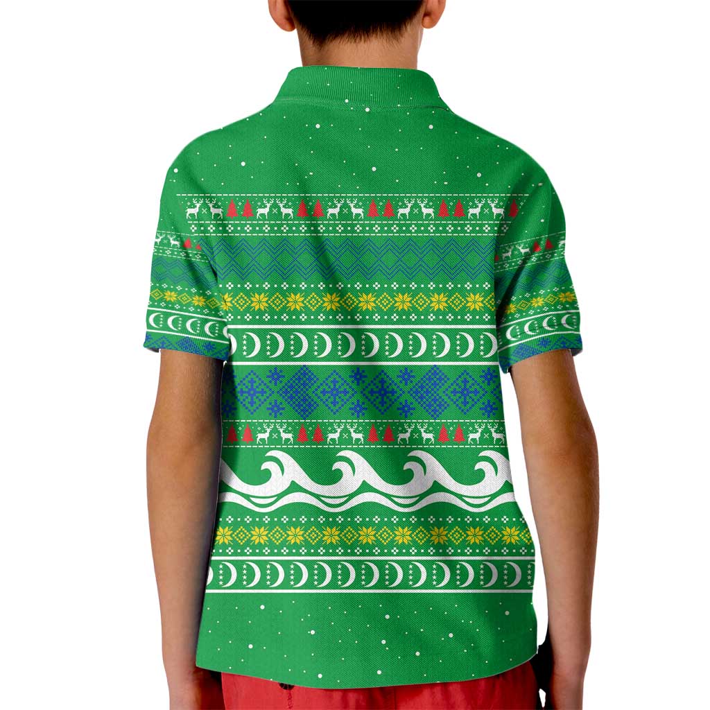 Comoros Christmas Kid Polo Shirt with Santa Riding Dolphin Ocean Waves Crescent Moon and Tribal Pattern - Wonder Print Shop