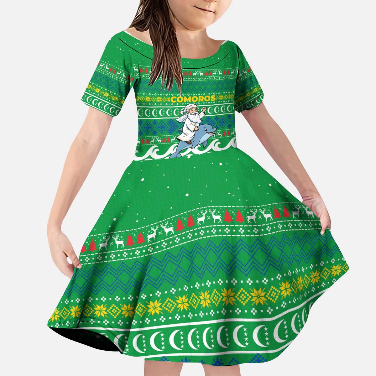 Comoros Christmas Kid Short Sleeve Dress with Santa Riding Dolphin Ocean Waves Crescent Moon and Tribal Pattern - Wonder Print Shop