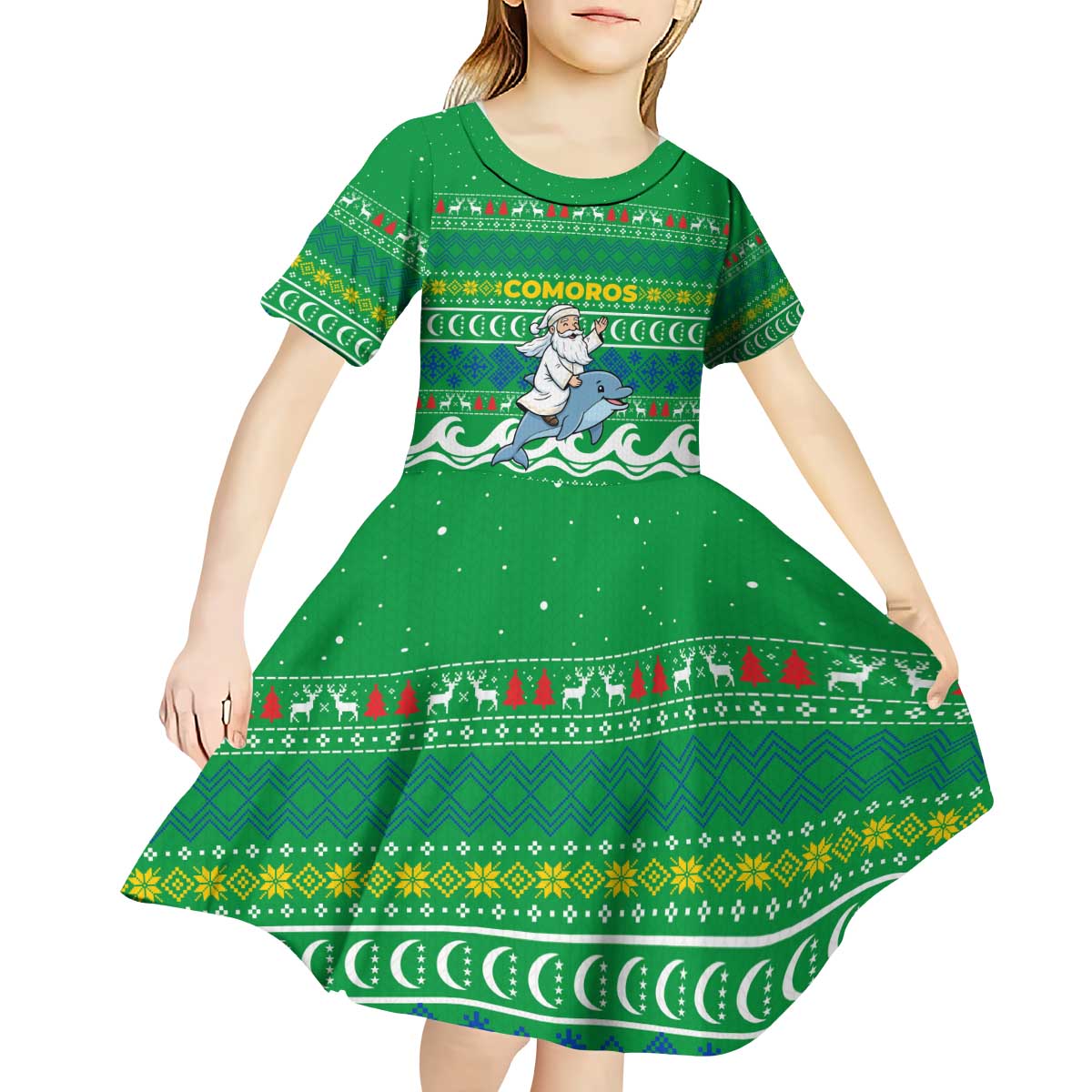 Comoros Christmas Kid Short Sleeve Dress with Santa Riding Dolphin Ocean Waves Crescent Moon and Tribal Pattern - Wonder Print Shop