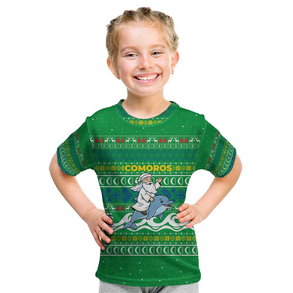 Comoros Christmas Kid T Shirt with Santa Riding Dolphin Ocean Waves Crescent Moon and Tribal Pattern - Wonder Print Shop