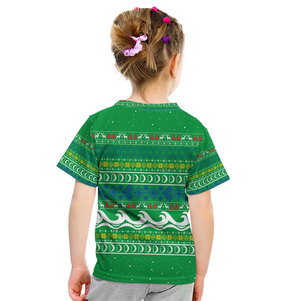 Comoros Christmas Kid T Shirt with Santa Riding Dolphin Ocean Waves Crescent Moon and Tribal Pattern - Wonder Print Shop