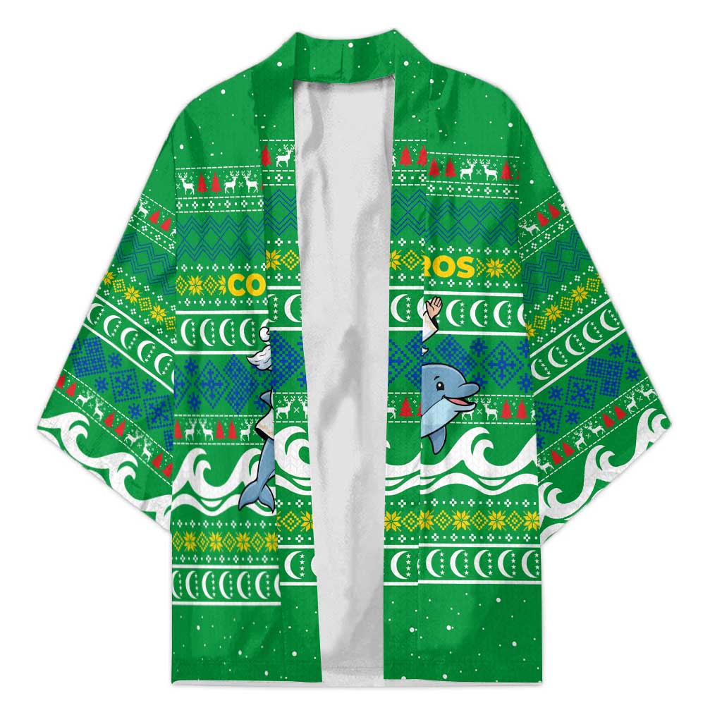 Comoros Christmas Kimono with Santa Riding Dolphin Ocean Waves Crescent Moon and Tribal Pattern - Wonder Print Shop
