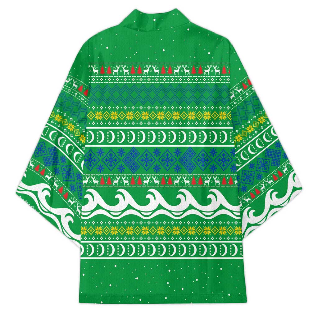 Comoros Christmas Kimono with Santa Riding Dolphin Ocean Waves Crescent Moon and Tribal Pattern - Wonder Print Shop