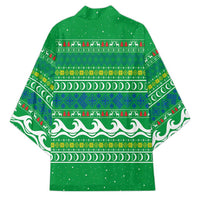 Comoros Christmas Kimono with Santa Riding Dolphin Ocean Waves Crescent Moon and Tribal Pattern - Wonder Print Shop