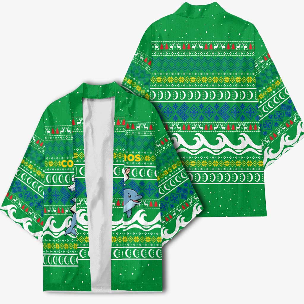 Comoros Christmas Kimono with Santa Riding Dolphin Ocean Waves Crescent Moon and Tribal Pattern - Wonder Print Shop