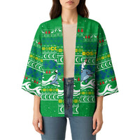 Comoros Christmas Kimono with Santa Riding Dolphin Ocean Waves Crescent Moon and Tribal Pattern - Wonder Print Shop
