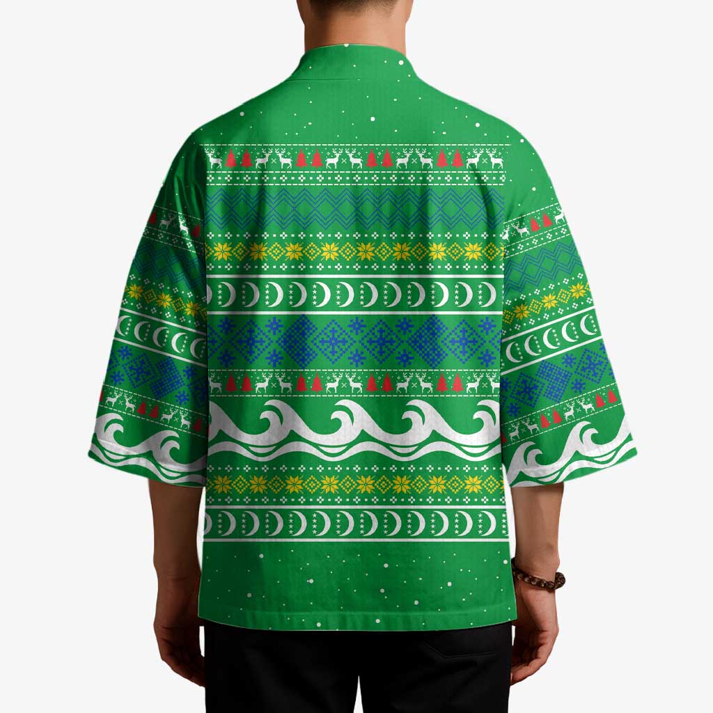 Comoros Christmas Kimono with Santa Riding Dolphin Ocean Waves Crescent Moon and Tribal Pattern - Wonder Print Shop