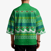 Comoros Christmas Kimono with Santa Riding Dolphin Ocean Waves Crescent Moon and Tribal Pattern - Wonder Print Shop
