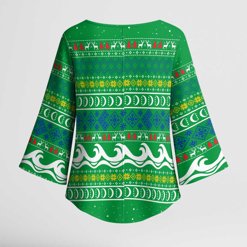Comoros Christmas Kimono Sleeve Blouse with Santa Riding Dolphin Ocean Waves Crescent Moon and Tribal Pattern - Wonder Print Shop