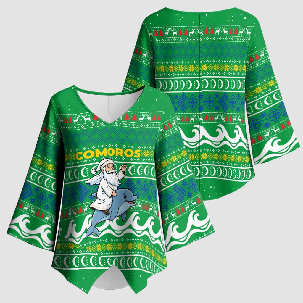 Comoros Christmas Kimono Sleeve Blouse with Santa Riding Dolphin Ocean Waves Crescent Moon and Tribal Pattern - Wonder Print Shop