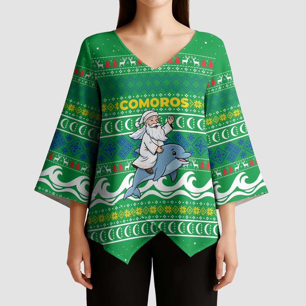 Comoros Christmas Kimono Sleeve Blouse with Santa Riding Dolphin Ocean Waves Crescent Moon and Tribal Pattern - Wonder Print Shop