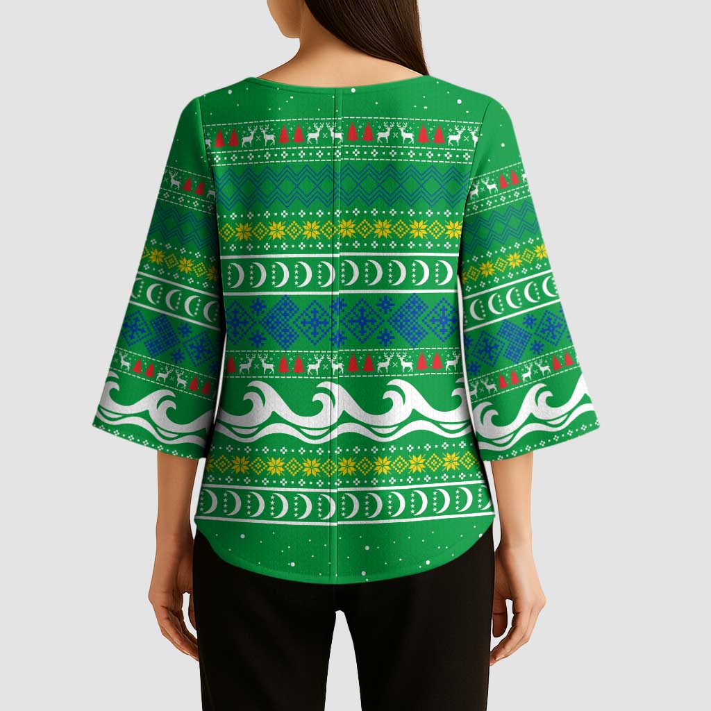 Comoros Christmas Kimono Sleeve Blouse with Santa Riding Dolphin Ocean Waves Crescent Moon and Tribal Pattern - Wonder Print Shop