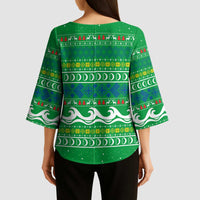 Comoros Christmas Kimono Sleeve Blouse with Santa Riding Dolphin Ocean Waves Crescent Moon and Tribal Pattern - Wonder Print Shop