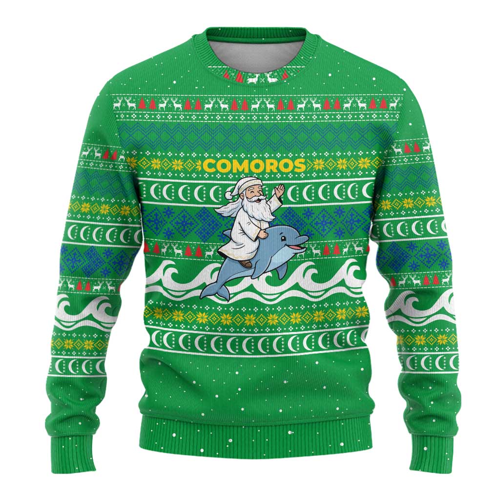 Comoros Christmas Ugly Christmas Sweater with Santa Riding Dolphin Ocean Waves Crescent Moon and Tribal Pattern - Wonder Print Shop