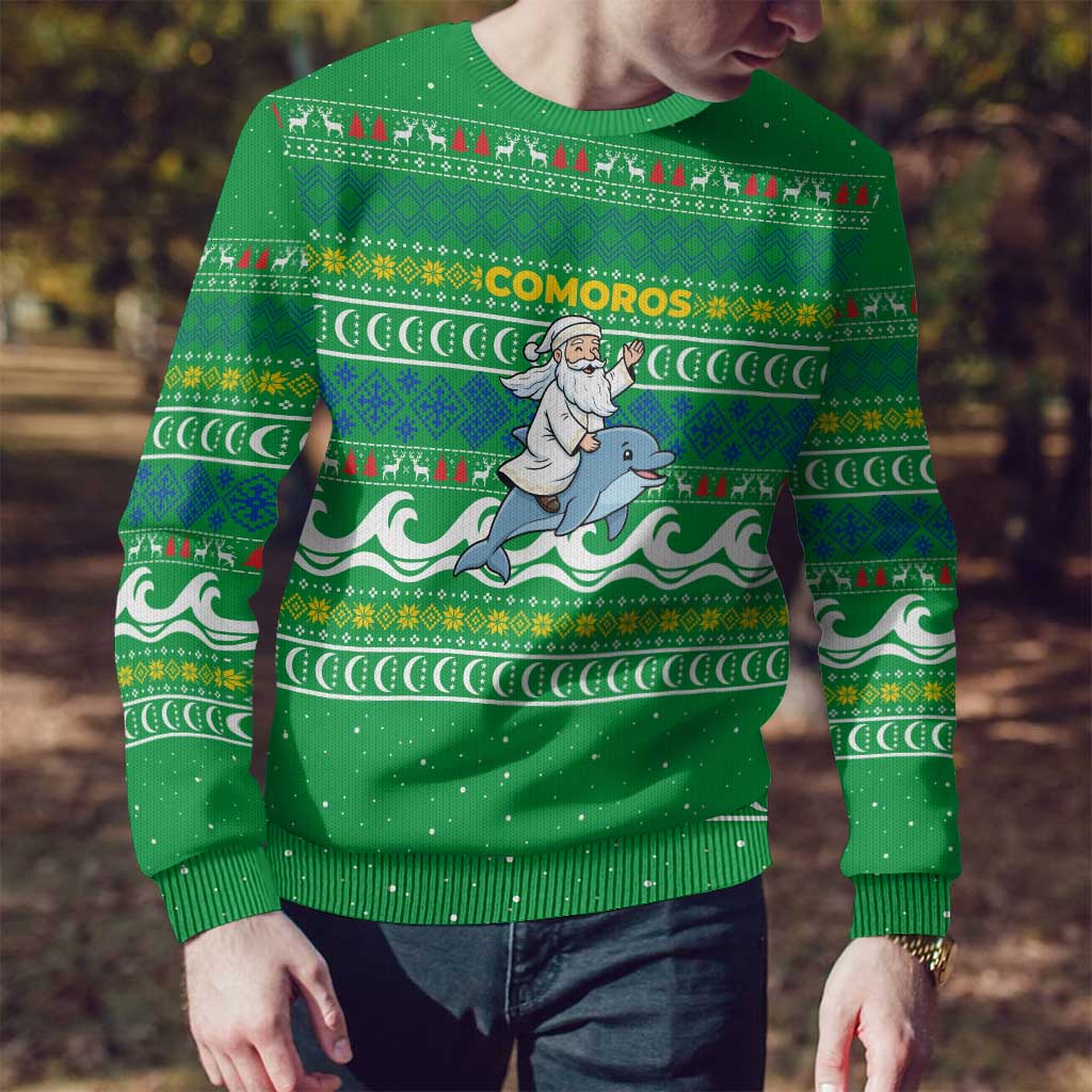 Comoros Christmas Ugly Christmas Sweater with Santa Riding Dolphin Ocean Waves Crescent Moon and Tribal Pattern - Wonder Print Shop