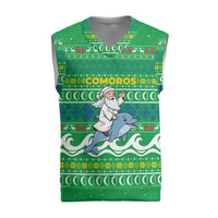 Comoros Christmas Knitted V-Neck Vest with Santa Riding Dolphin Ocean Waves Crescent Moon and Tribal Pattern - Wonder Print Shop