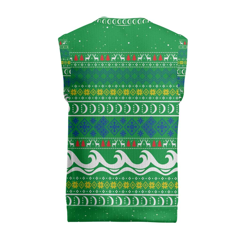 Comoros Christmas Knitted V-Neck Vest with Santa Riding Dolphin Ocean Waves Crescent Moon and Tribal Pattern - Wonder Print Shop