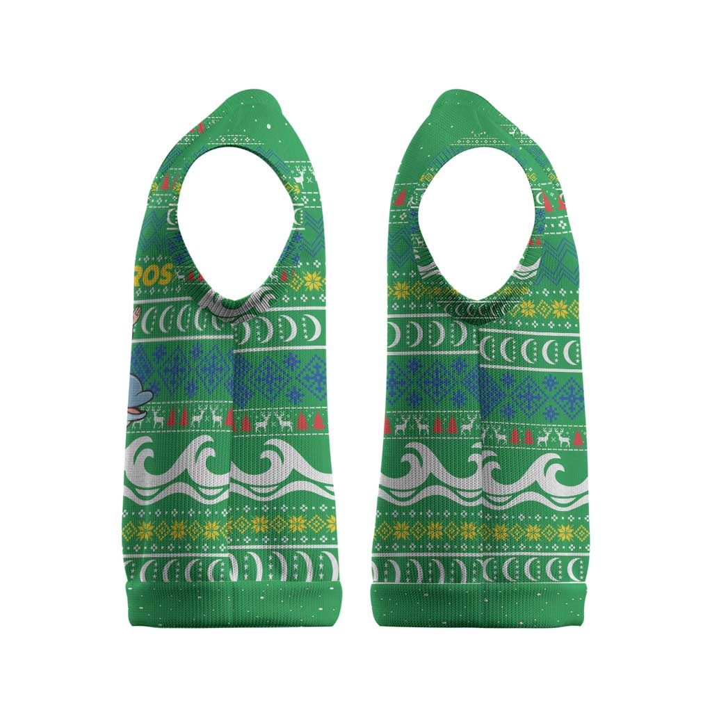 Comoros Christmas Knitted V-Neck Vest with Santa Riding Dolphin Ocean Waves Crescent Moon and Tribal Pattern - Wonder Print Shop