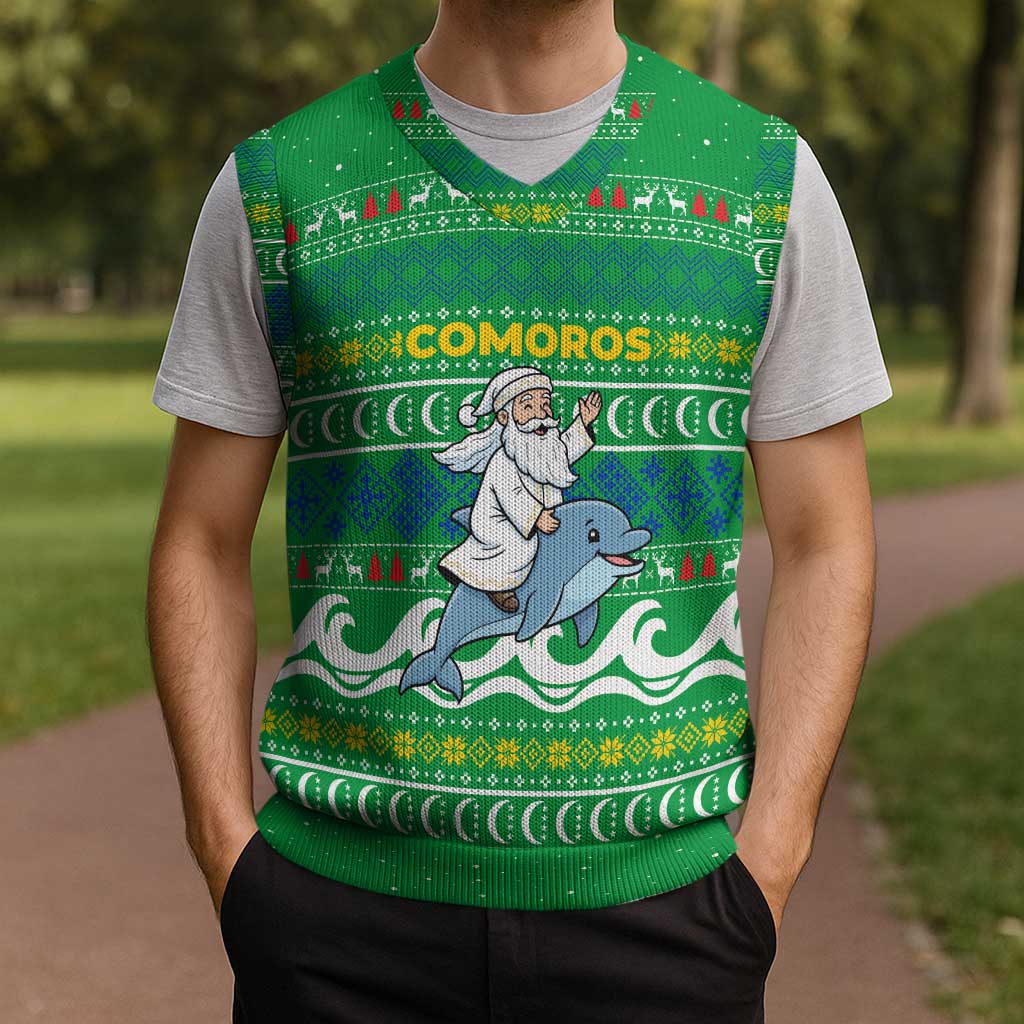 Comoros Christmas Knitted V-Neck Vest with Santa Riding Dolphin Ocean Waves Crescent Moon and Tribal Pattern - Wonder Print Shop