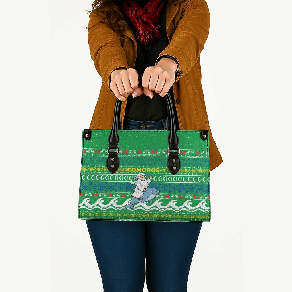 Comoros Christmas Leather Bag with Santa Riding Dolphin Ocean Waves Crescent Moon and Tribal Pattern - Wonder Print Shop