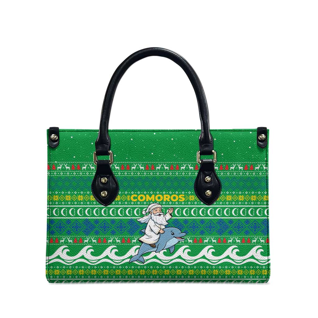 Comoros Christmas Leather Bag with Santa Riding Dolphin Ocean Waves Crescent Moon and Tribal Pattern - Wonder Print Shop