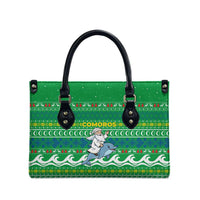Comoros Christmas Leather Bag with Santa Riding Dolphin Ocean Waves Crescent Moon and Tribal Pattern - Wonder Print Shop