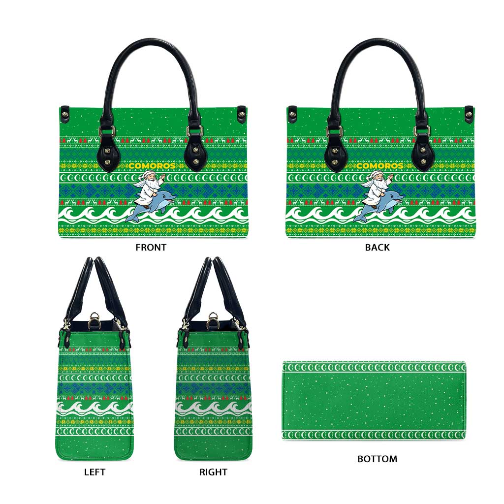 Comoros Christmas Leather Bag with Santa Riding Dolphin Ocean Waves Crescent Moon and Tribal Pattern - Wonder Print Shop