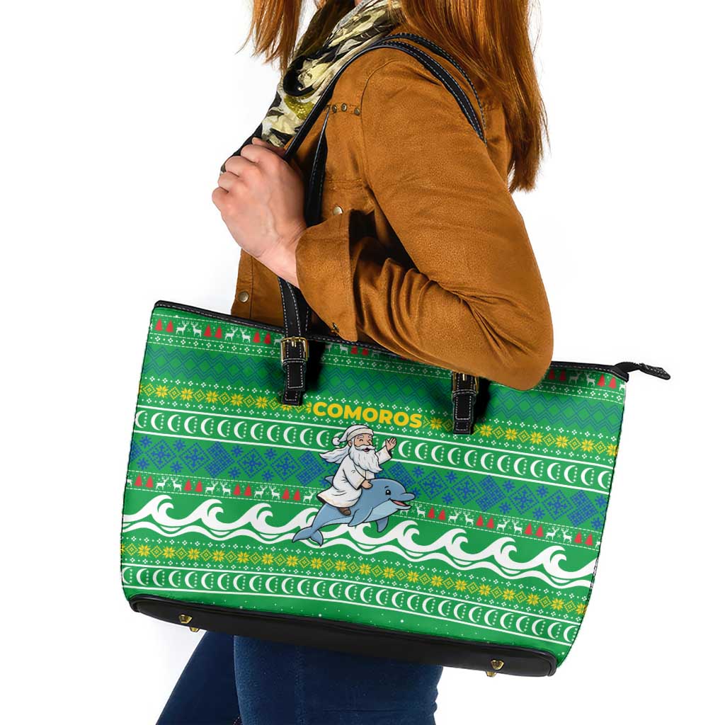 Comoros Christmas Leather Tote Bag with Santa Riding Dolphin Ocean Waves Crescent Moon and Tribal Pattern - Wonder Print Shop