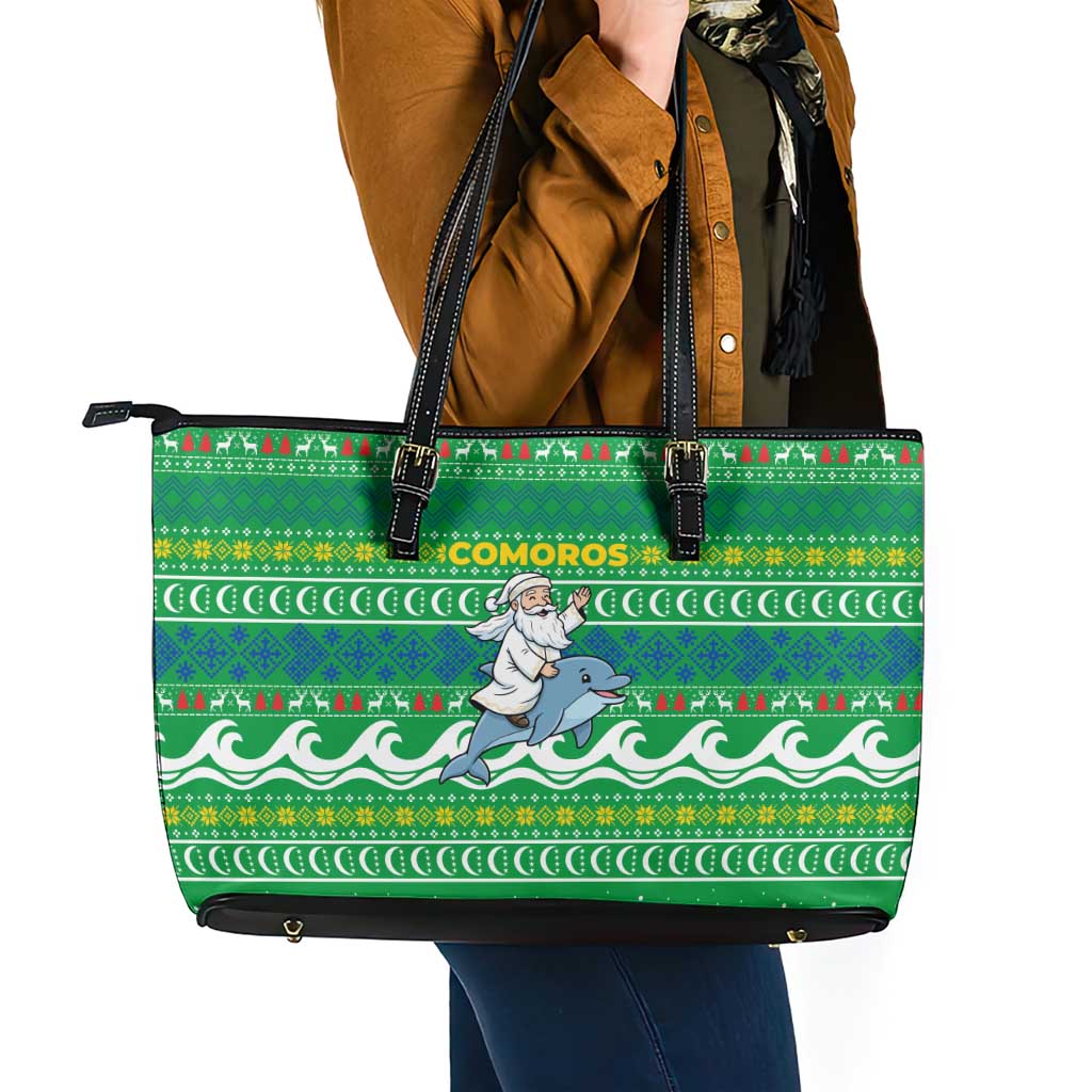 Comoros Christmas Leather Tote Bag with Santa Riding Dolphin Ocean Waves Crescent Moon and Tribal Pattern - Wonder Print Shop
