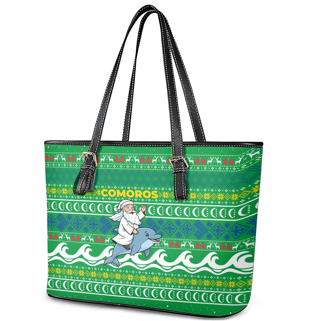 Comoros Christmas Leather Tote Bag with Santa Riding Dolphin Ocean Waves Crescent Moon and Tribal Pattern - Wonder Print Shop
