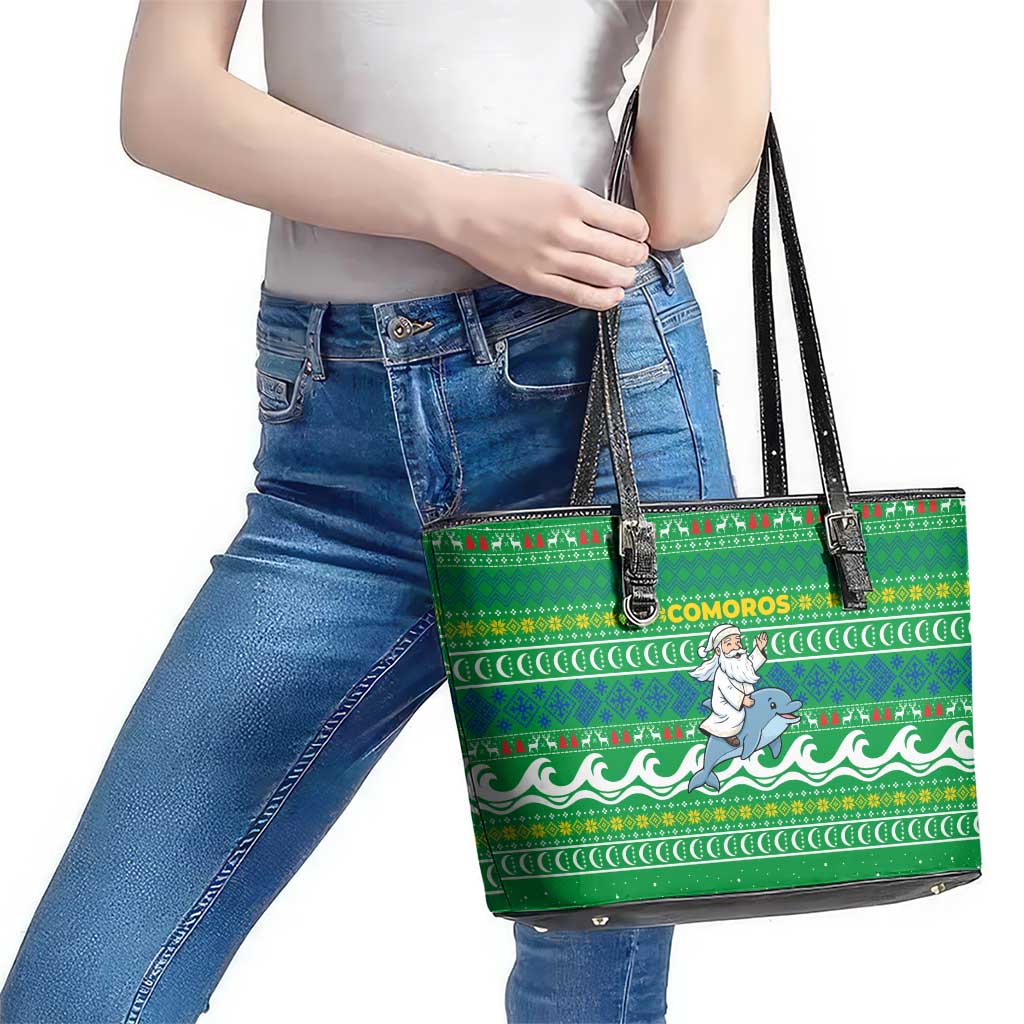 Comoros Christmas Leather Tote Bag with Santa Riding Dolphin Ocean Waves Crescent Moon and Tribal Pattern - Wonder Print Shop