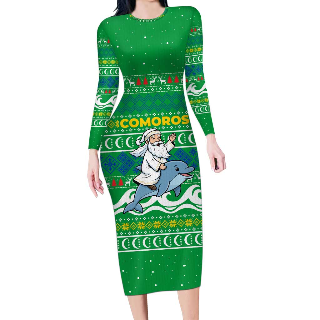 Comoros Christmas Long Sleeve Bodycon Dress with Santa Riding Dolphin Ocean Waves Crescent Moon and Tribal Pattern - Wonder Print Shop