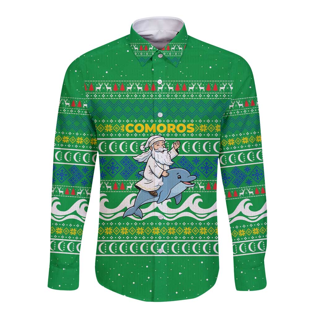 Comoros Christmas Long Sleeve Button Shirt with Santa Riding Dolphin Ocean Waves Crescent Moon and Tribal Pattern - Wonder Print Shop