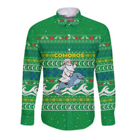 Comoros Christmas Long Sleeve Button Shirt with Santa Riding Dolphin Ocean Waves Crescent Moon and Tribal Pattern - Wonder Print Shop
