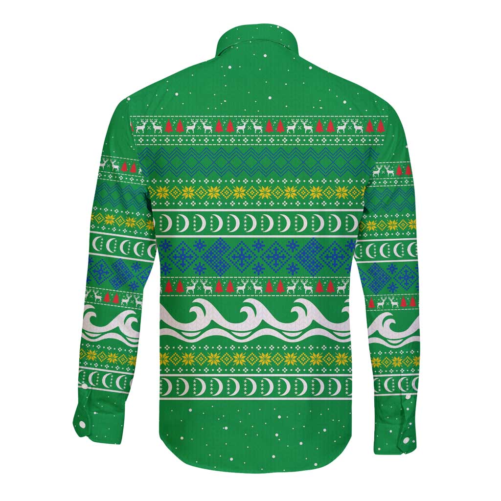 Comoros Christmas Long Sleeve Button Shirt with Santa Riding Dolphin Ocean Waves Crescent Moon and Tribal Pattern - Wonder Print Shop