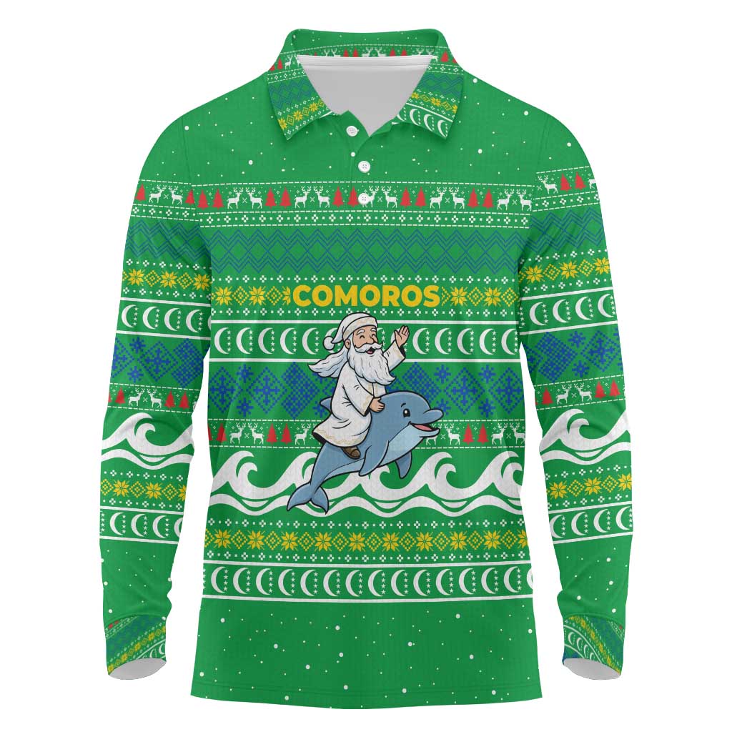 Comoros Christmas Long Sleeve Polo Shirt with Santa Riding Dolphin Ocean Waves Crescent Moon and Tribal Pattern - Wonder Print Shop