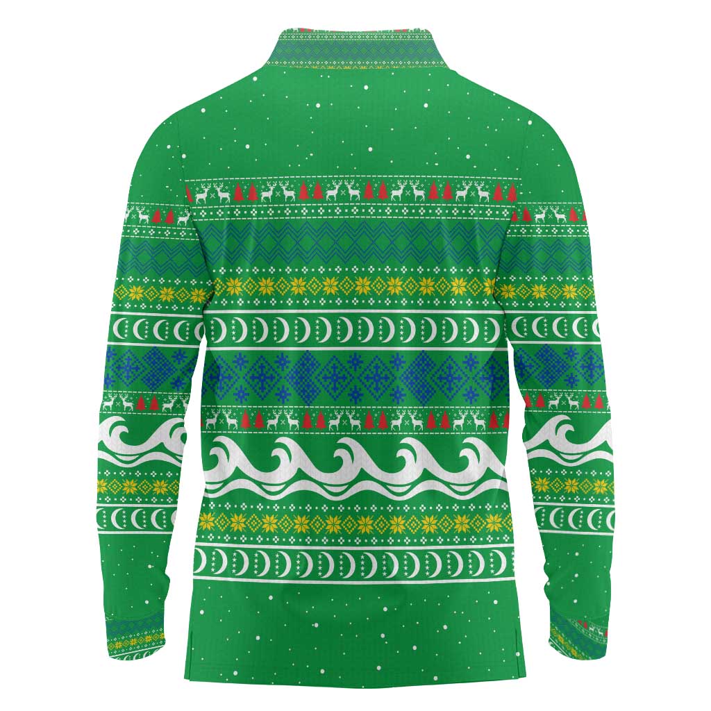 Comoros Christmas Long Sleeve Polo Shirt with Santa Riding Dolphin Ocean Waves Crescent Moon and Tribal Pattern - Wonder Print Shop