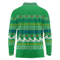 Comoros Christmas Long Sleeve Polo Shirt with Santa Riding Dolphin Ocean Waves Crescent Moon and Tribal Pattern - Wonder Print Shop