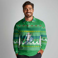 Comoros Christmas Long Sleeve Polo Shirt with Santa Riding Dolphin Ocean Waves Crescent Moon and Tribal Pattern - Wonder Print Shop