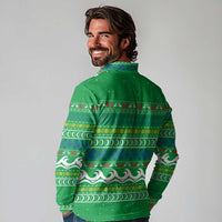 Comoros Christmas Long Sleeve Polo Shirt with Santa Riding Dolphin Ocean Waves Crescent Moon and Tribal Pattern - Wonder Print Shop