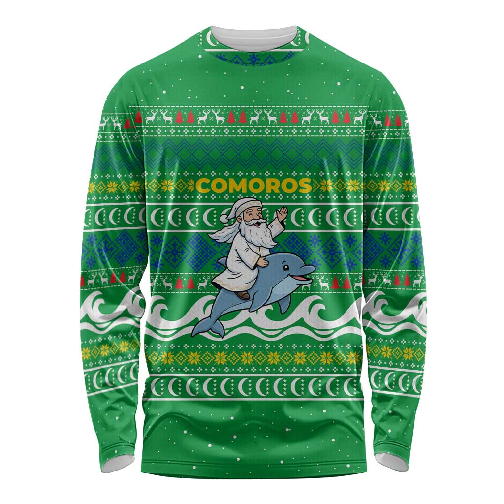 Comoros Christmas Long Sleeve Shirt with Santa Riding Dolphin Ocean Waves Crescent Moon and Tribal Pattern - Wonder Print Shop