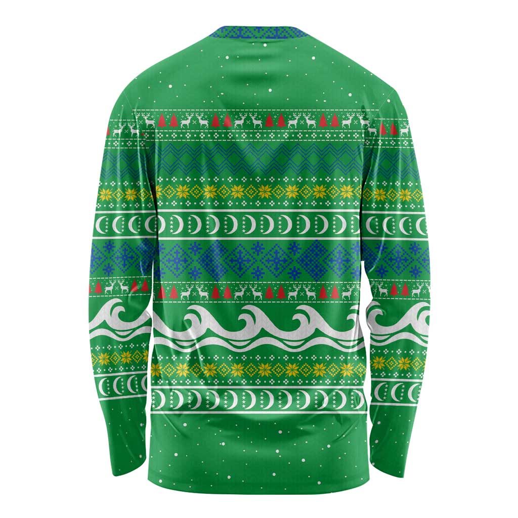 Comoros Christmas Long Sleeve Shirt with Santa Riding Dolphin Ocean Waves Crescent Moon and Tribal Pattern - Wonder Print Shop