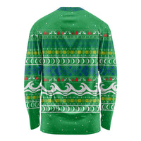 Comoros Christmas Long Sleeve Shirt with Santa Riding Dolphin Ocean Waves Crescent Moon and Tribal Pattern - Wonder Print Shop